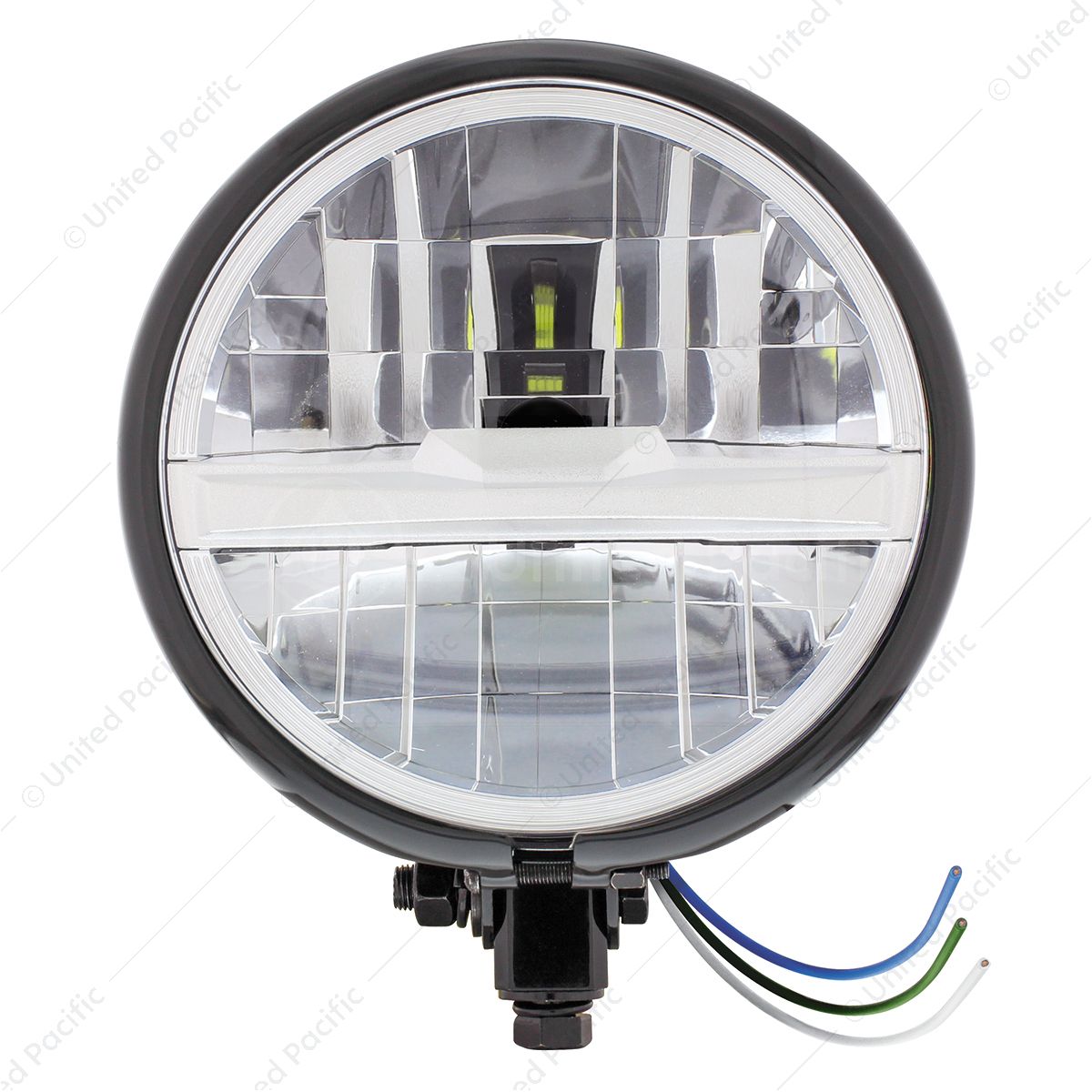 Black 5-3/4" Motorcycle Headlight 8 LED Bulb With Silver Bar - Bottom Mount