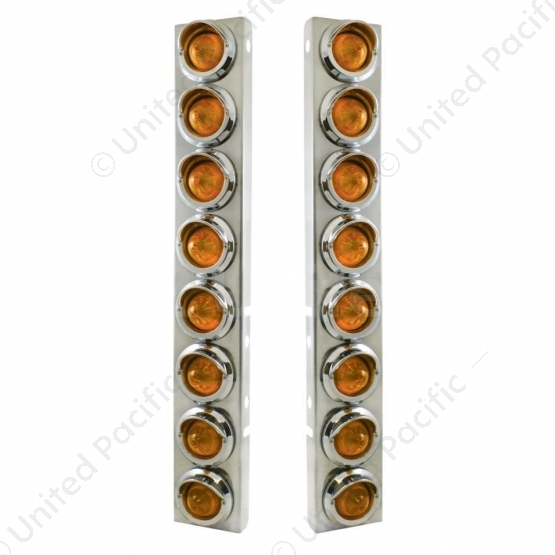 SS Front Air Cleaner Bracket With 16X 9 LED 2" Beehive Lights & Visors For Peterbilt-Amber LED & Len