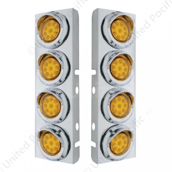 SS Front Air Cleaner Bracket With 8X 9 LED 2" Reflector Lights & Visors For Peterbilt -Amber LED & L