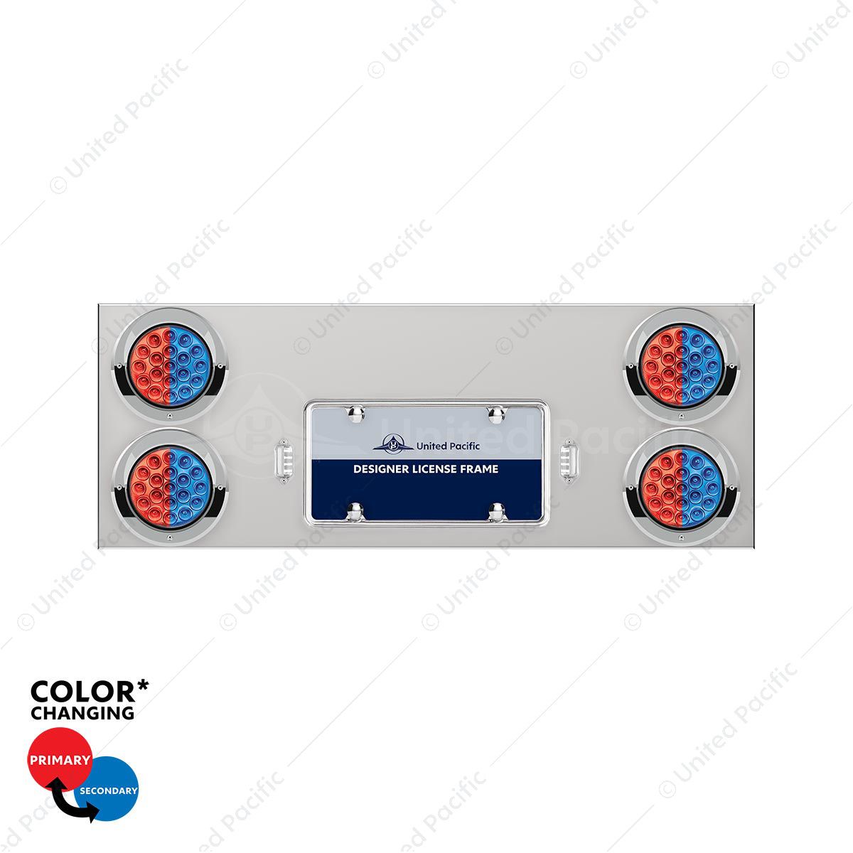 33-3/4" SS Rear Center Panel With 4X 19 LED 4" Double Fury Lights & Visors-Red & Blue LED