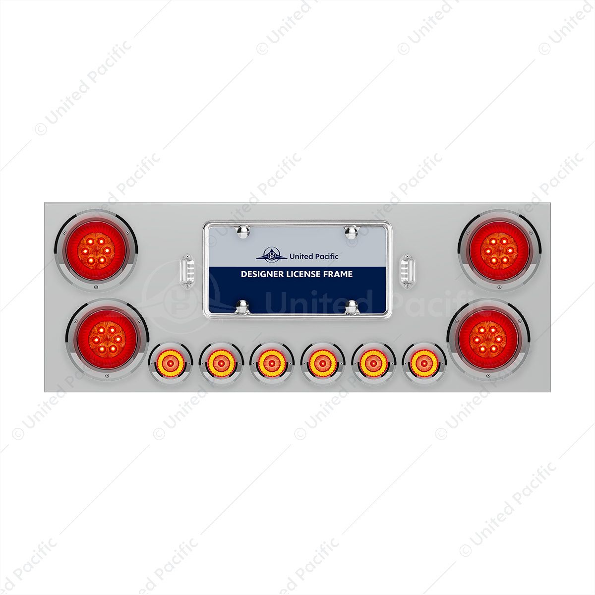 SS Rear Center Panel With Four 16 LED 4" Turbine Light & Six 7 LED 2" Lights & Bezels-Red LED/Red Le