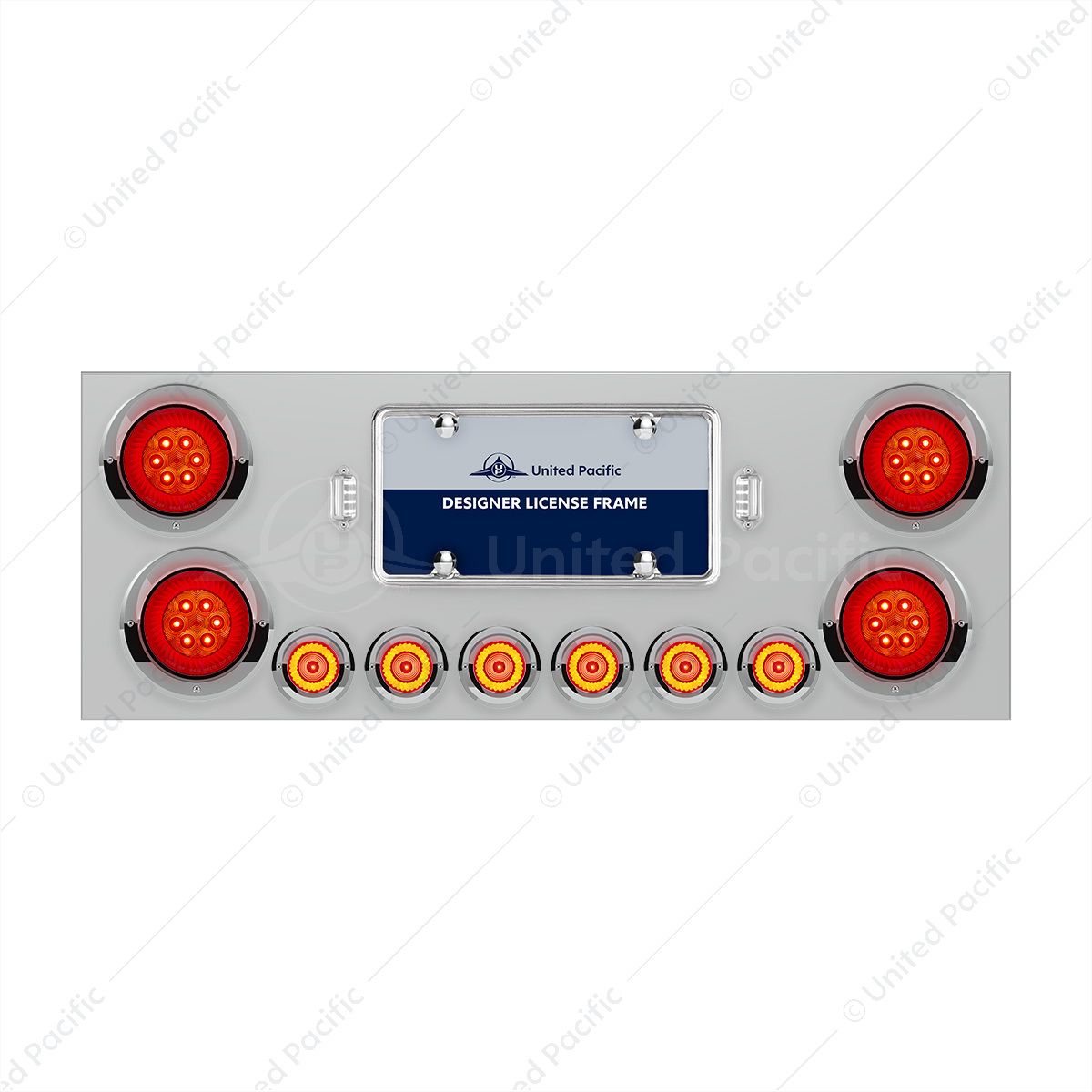 SS Rear Center Panel With Four 16 LED 4" Turbine Light & Six 7 LED 2" Lights & Visor-Red LED/Red Len