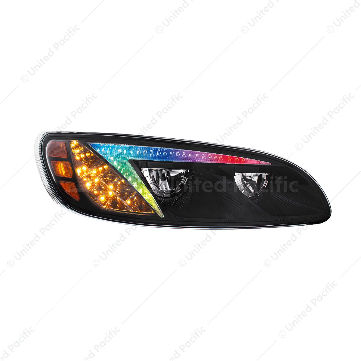 Black LED Headlight With Color Changing Position Light Bar For Peterbilt 386 (2005-2015) & 387 (1999