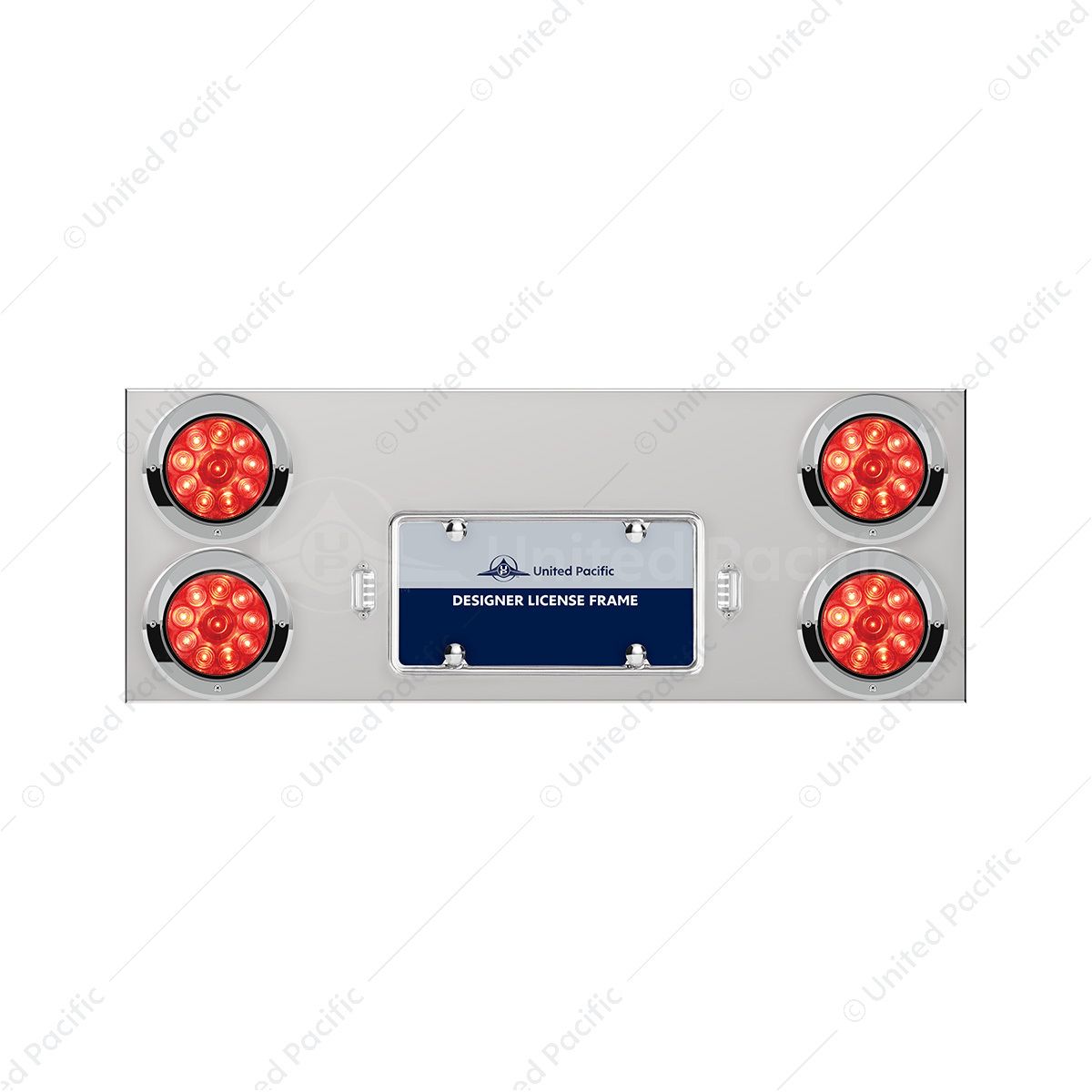 33-3/4" Stainless Rear Center Panel With Four 10 LED 4" Lights & Visors - Red LED/Red Lens