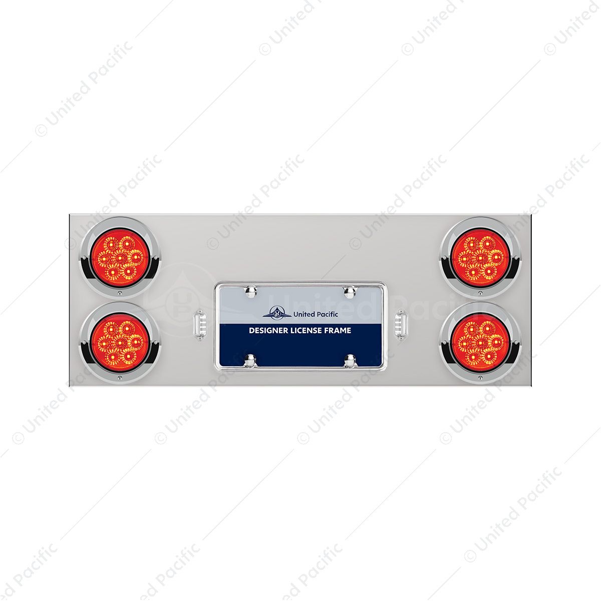33-3/4" Stainless Rear Center Panel With Four 7 LED 4" Reflector Lights & Visors - Red LED/Red Lens