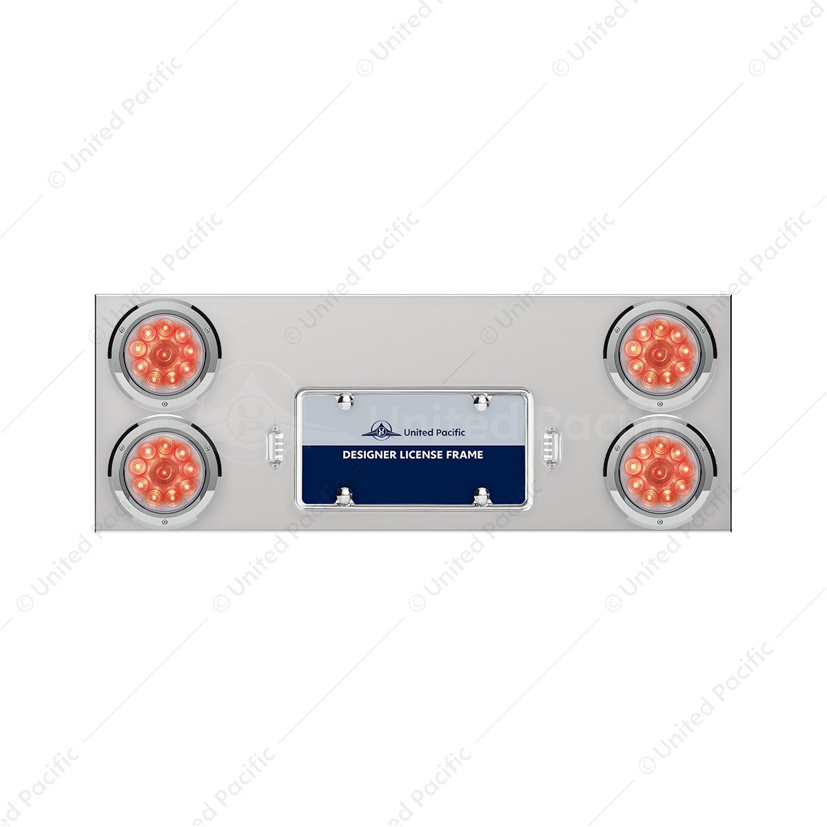 33-3/4" Stainless Rear Center Panel With Four 10 LED 4" Lights & Bezels - Red LED/Clear Lens