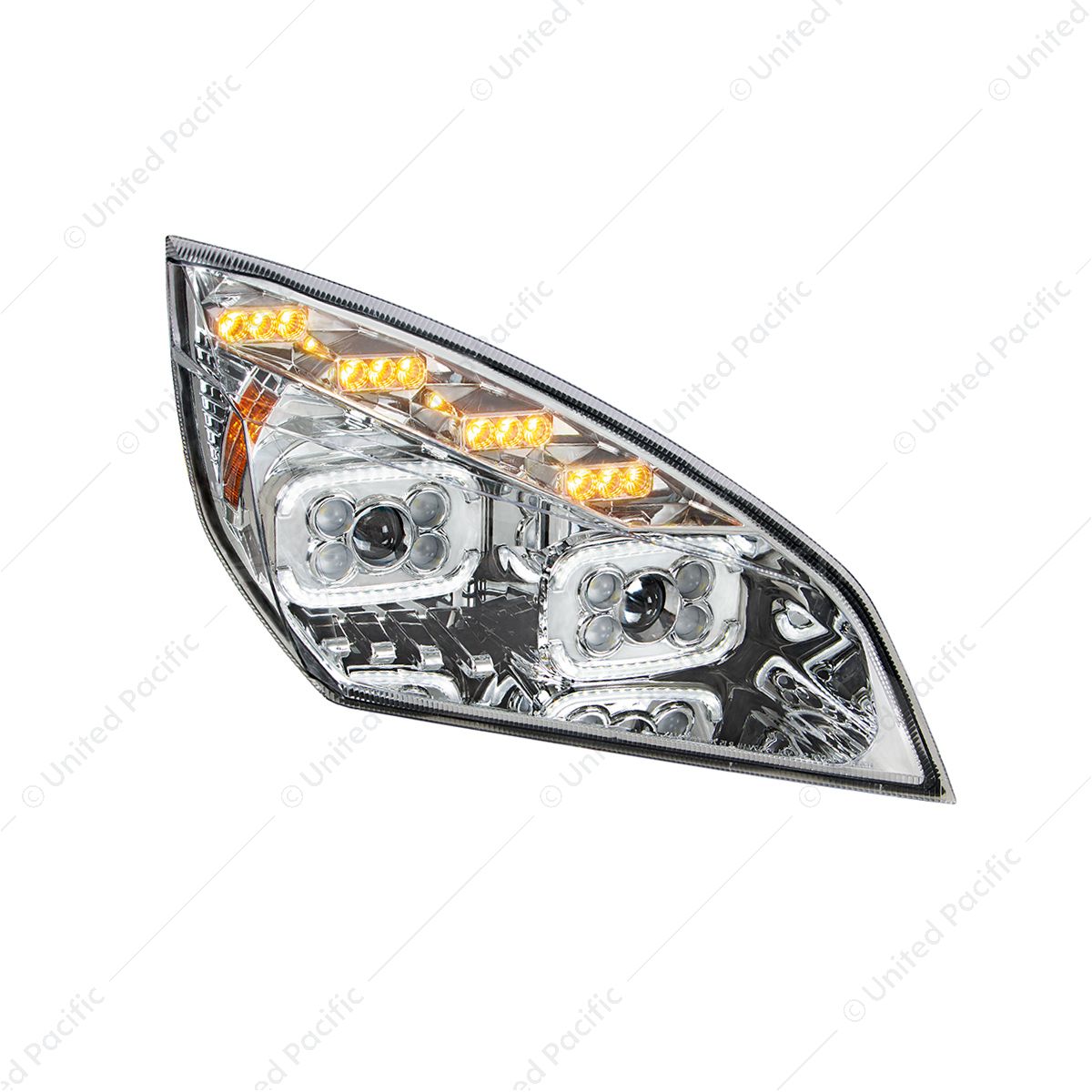 Chrome 10 LED Projector Headlight With LED Sequential Turn & DRL For 2018-2024 Freightliner Cascadia