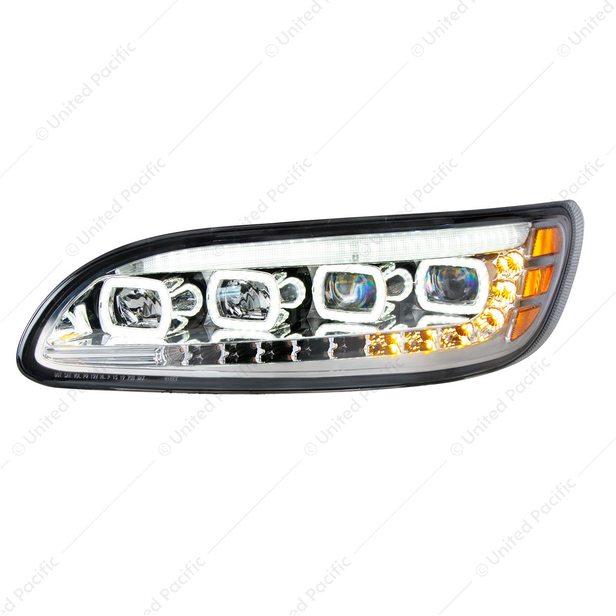 Chrome Quad-LED Headlight With LED DRL & Seq. Signal For 2005-2015 Peterbilt 386- Driver