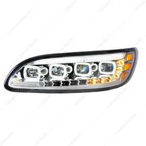 Chrome Quad-LED Headlight With LED DRL & Seq. Signal For 2005-2015 Peterbilt 386- Driver