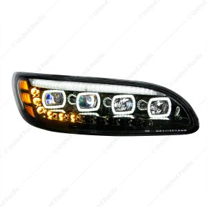 Black Quad-LED Headlight With LED DRL & Seq. Signal For 2005-2015 Peterbilt 386- Passenger