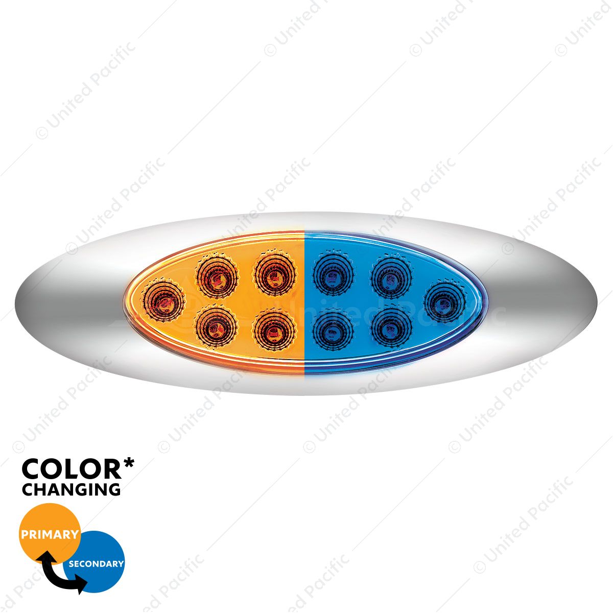 10 LED Oval Double Fury Light With Clear Lens & Chrome Bezel (Clearance/Marker) - Amber & Blue LED/C