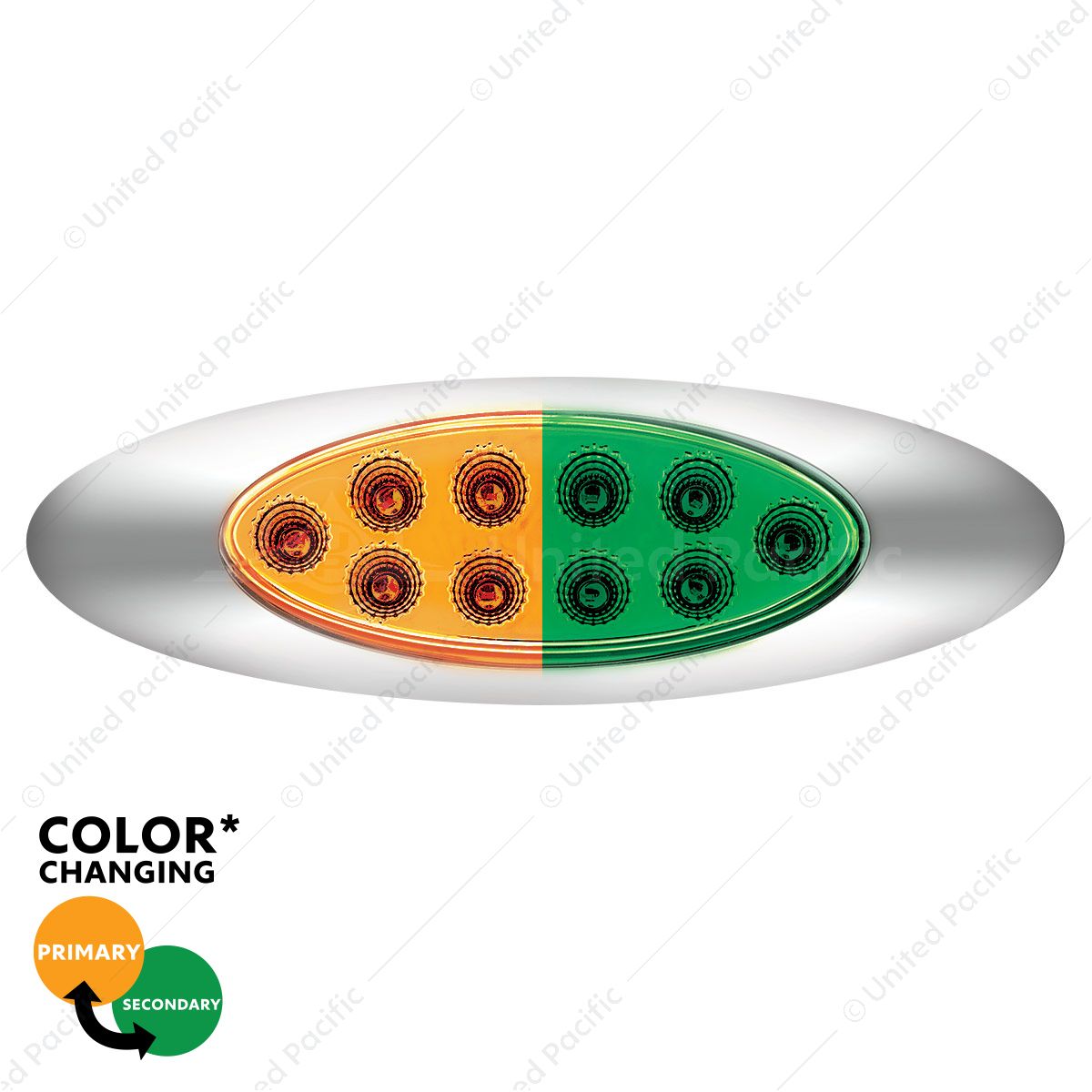 10 LED Oval Double Fury Light With Clear Lens & Chrome Bezel (Clearance/Marker) - Amber & Green LED/