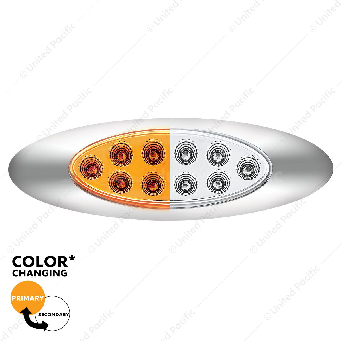 10 LED Oval Double Fury Light With Clear Lens & Chrome Bezel (Clearance/Marker) - Amber & White LED/