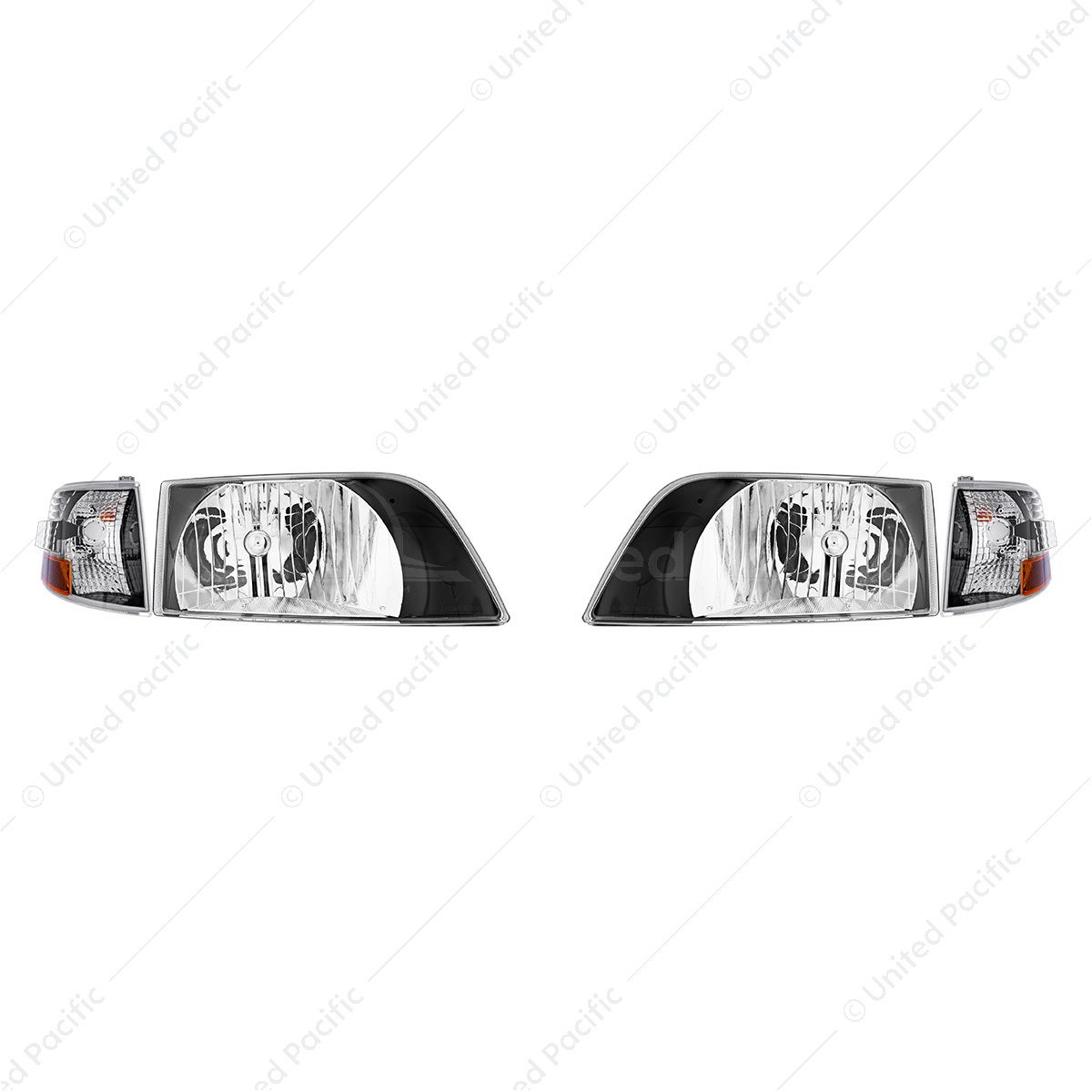 Black Bezel Headlight Assembly With Turn Signal For 1996-2003 Volvo VN (Set)