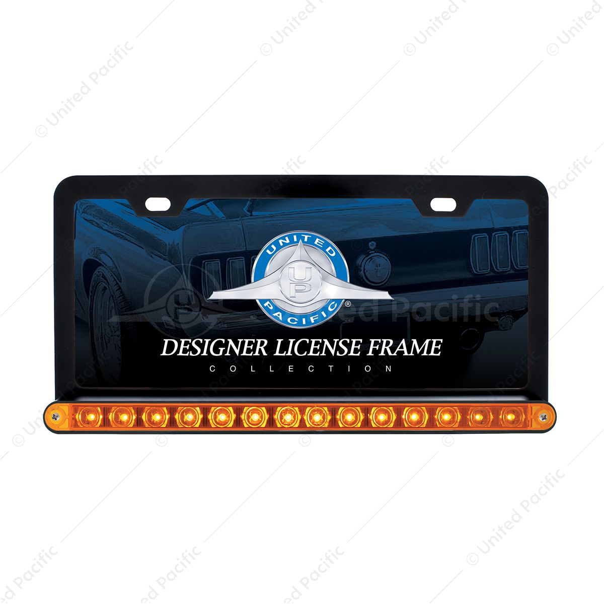 Black License Plate Frame With 14 LED 12" Light Bar - Amber LED/Amber Lens