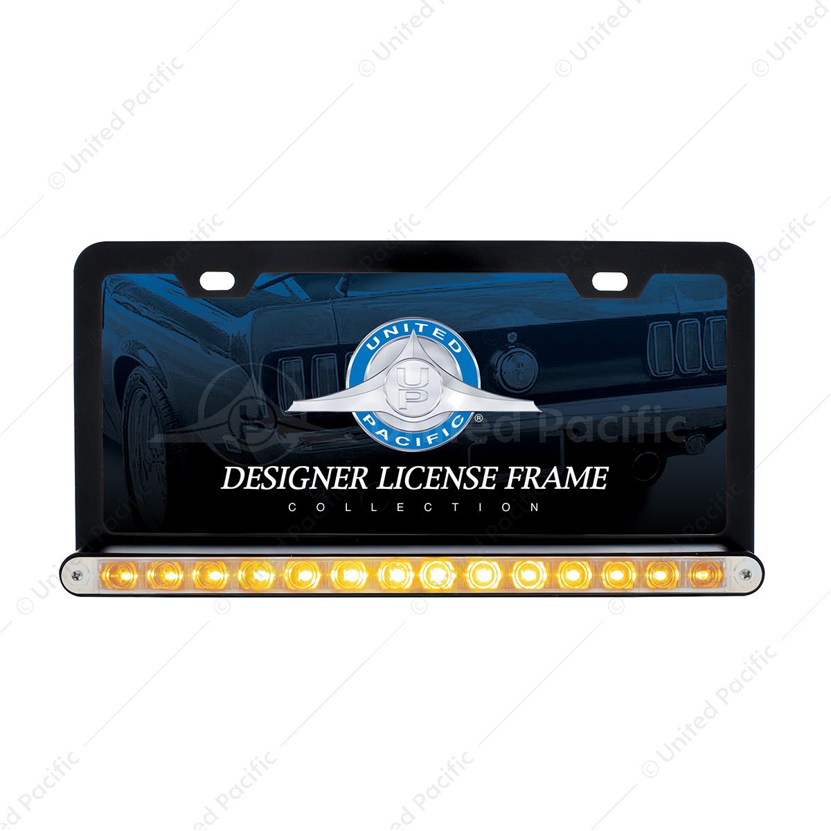 Black License Plate Frame With 14 LED 12" Light Bar - Amber LED/Clear Lens