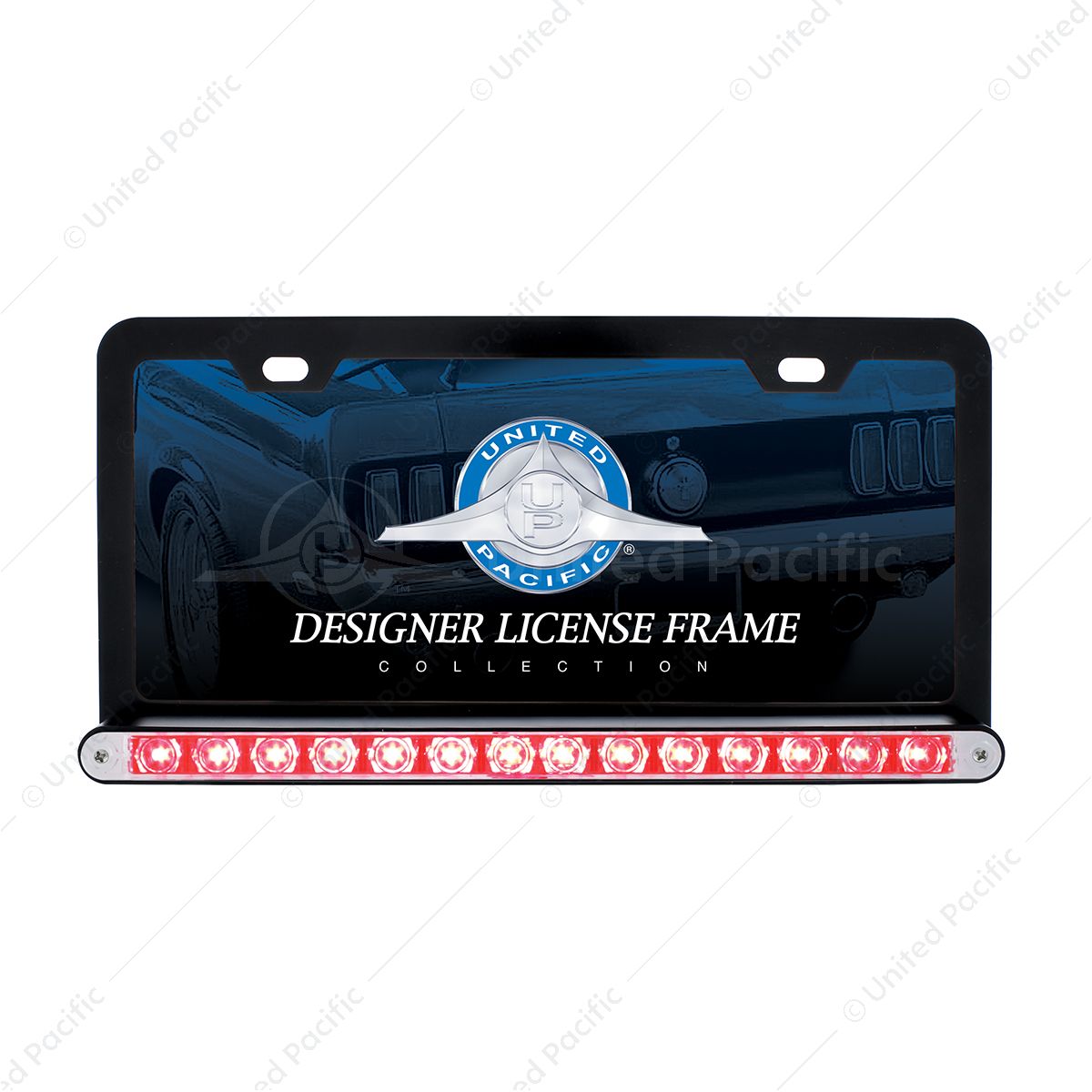 Black License Plate Frame With 14 LED 12" Light Bar - Red LED/Clear Lens