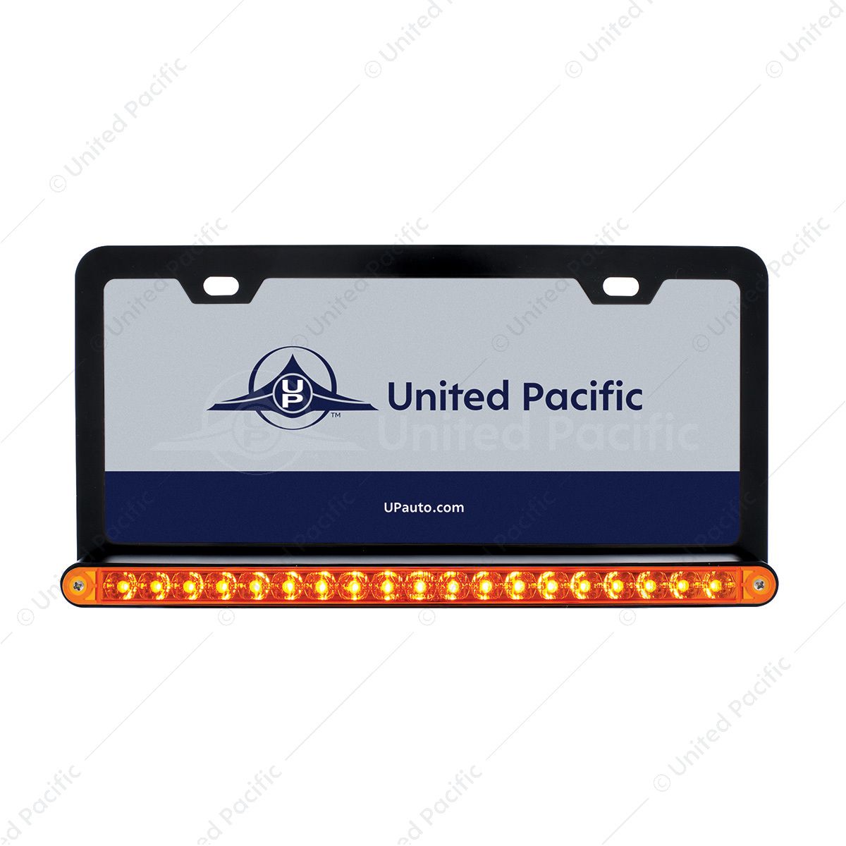 Black License Plate Frame With 19 LED 12" Reflector Light Bar - Amber LED/Amber Lens
