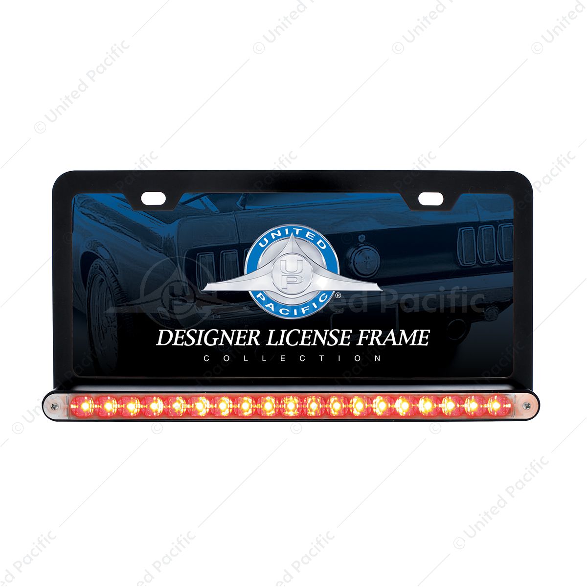 Black License Plate Frame With 19 LED 12" Reflector Light Bar - Red LED/Clear Lens