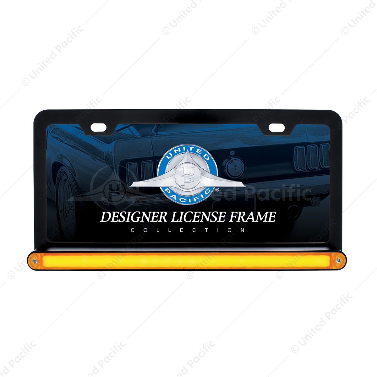 Black License Plate Frame With 24 LED 12" GloLight Bar - Amber LED/Amber Lens