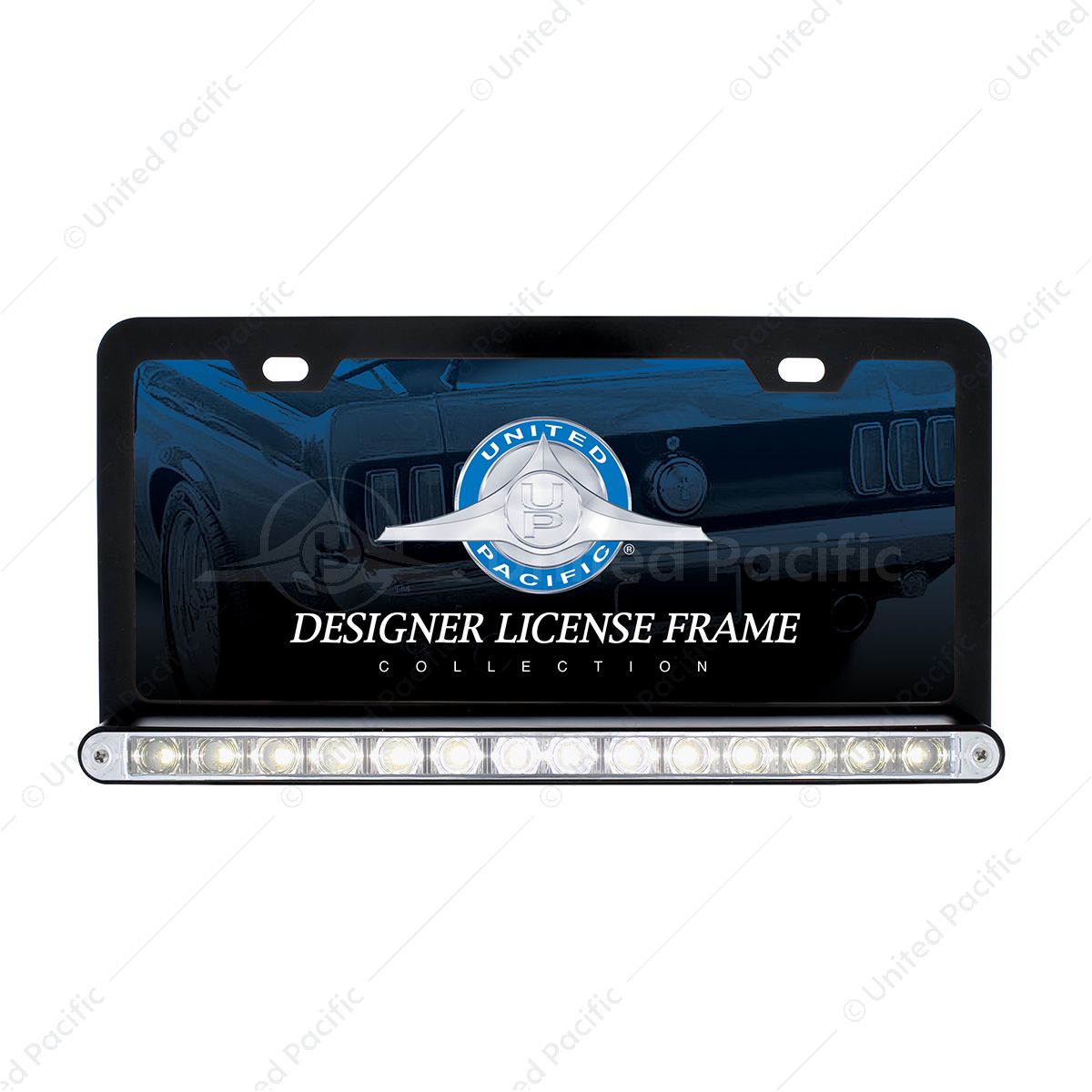 Black License Plate Frame With 14 LED 12" Light Bar - White LED/Clear Lens