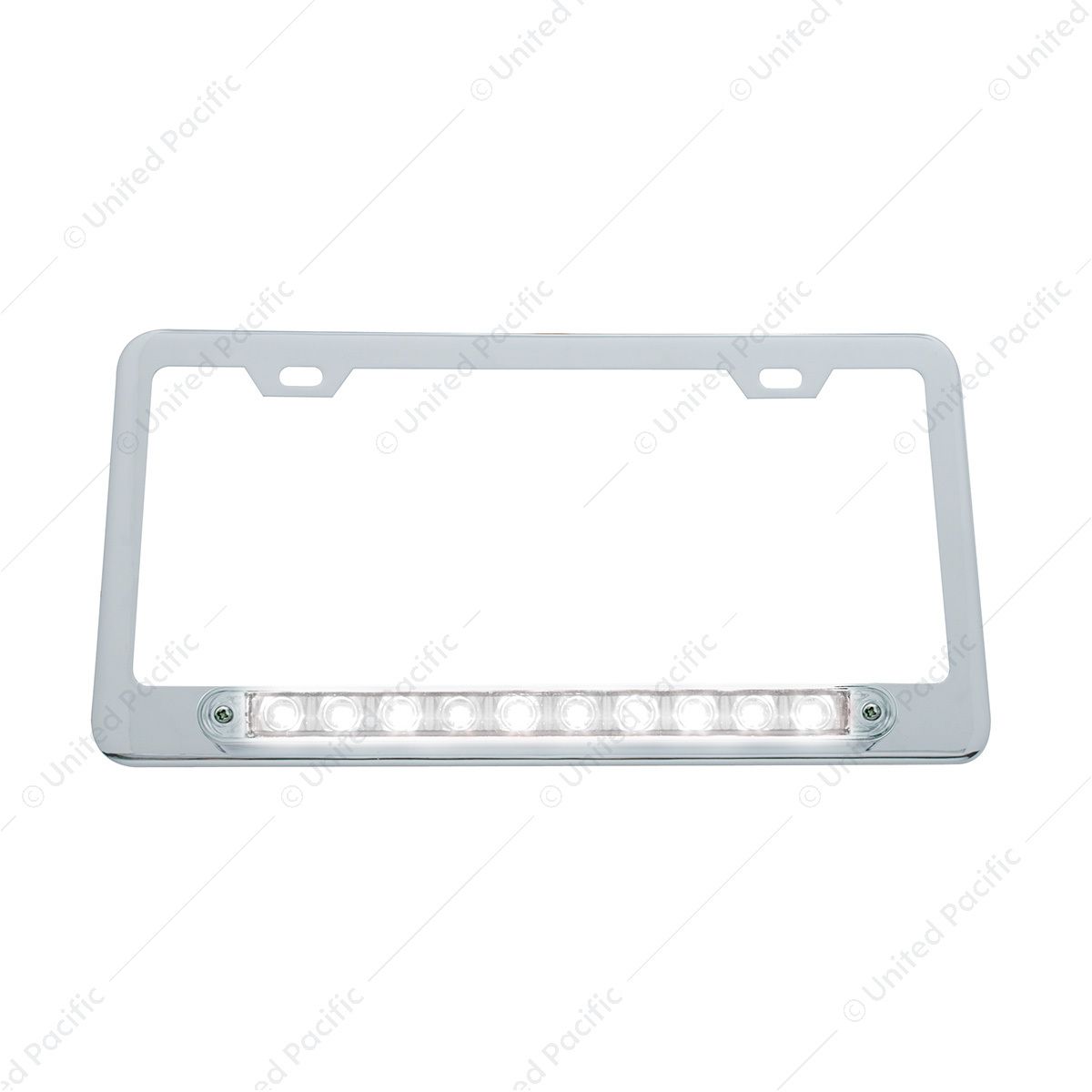 Chrome License Plate Frame With 10 LED 9" Light Bar - White LED/Clear Lens