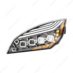 Chrome Quad-LED Headlight With LED DRL & Seq. Signal For 2018-2024 Freightliner Cascadia - Driver