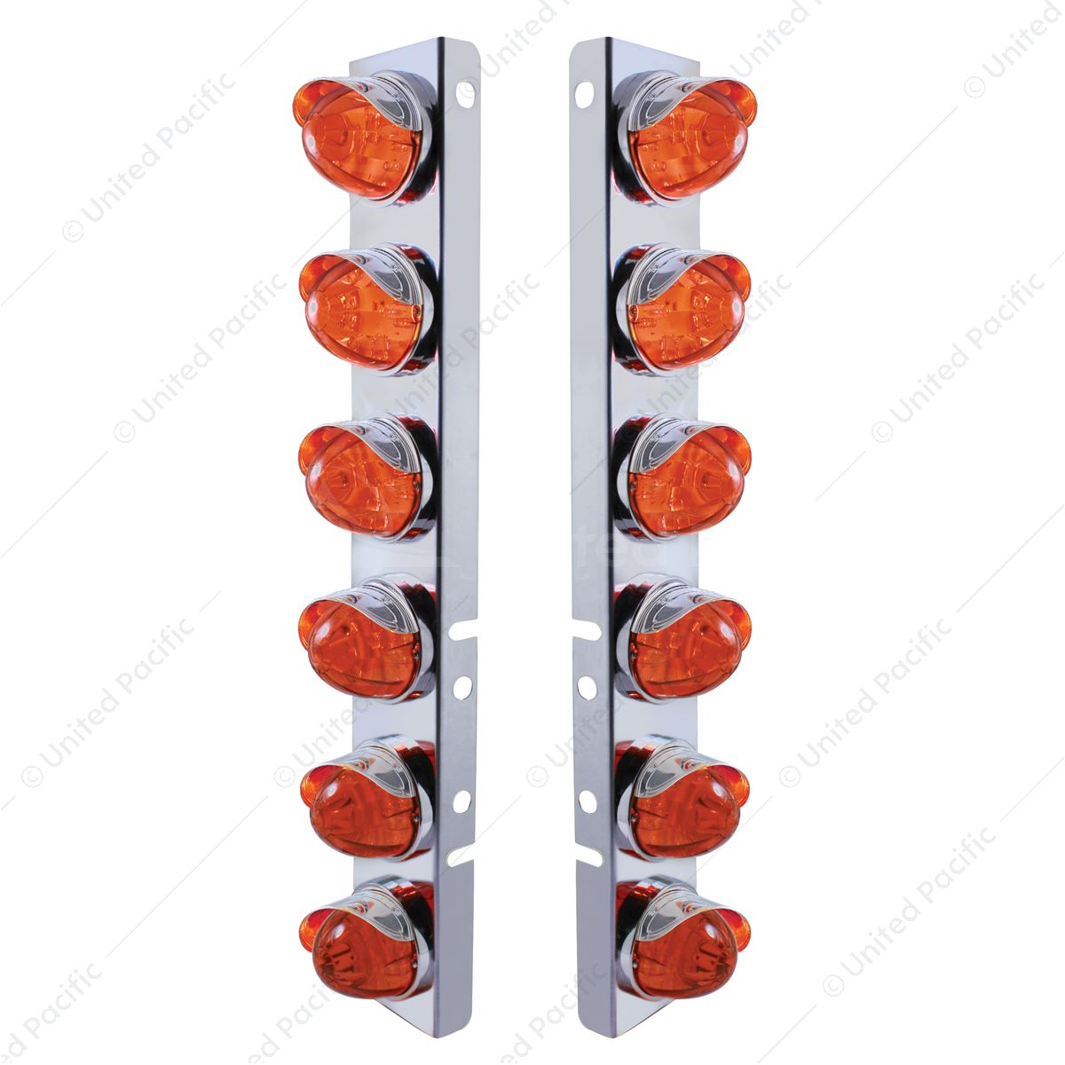 SS Front Air Cleaner Bracket With 12X LED Watermelon Lights & SS Visors For Peterbilt-Amber LED/Dark
