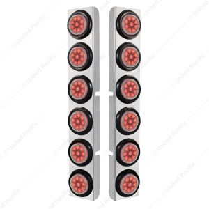 SS Rear Air Cleaner Bracket With 12X 9 LED 2" Reflector Lights For Peterbilt-Red LED/Clear Lens