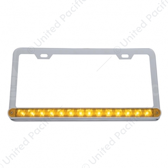 Chrome License Plate Frame With 14 LED 12" Light Bar - Amber LED/Amber Lens