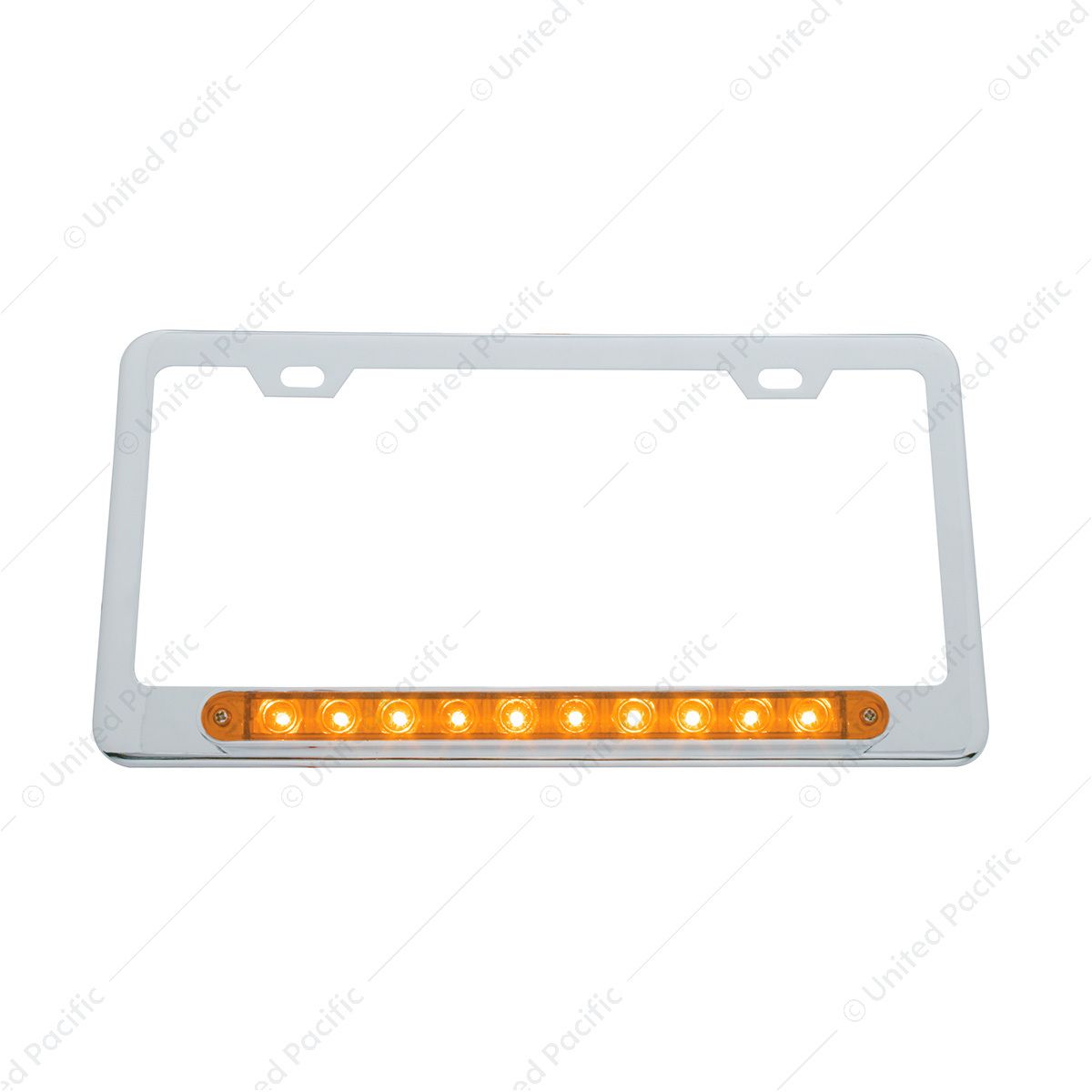 Chrome License Plate Frame With 10 LED 9" Light Bar - Amber LED/Amber Lens