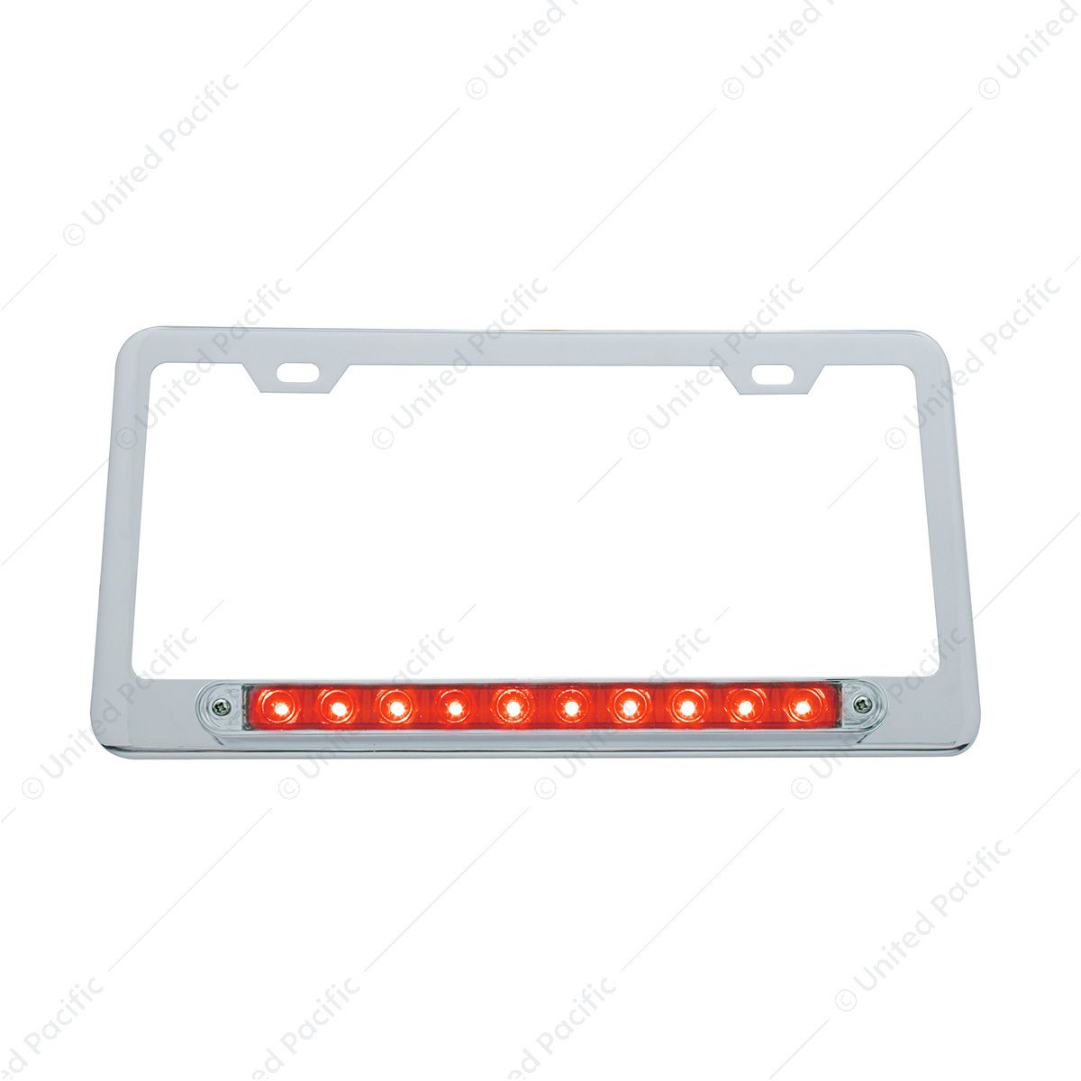 Chrome License Plate Frame With 10 LED 9" Light Bar - Red LED/Clear Lens