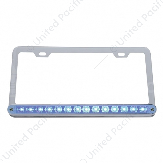 Chrome License Plate Frame With 14 LED 12" Light Bar - Blue LED/Clear Lens