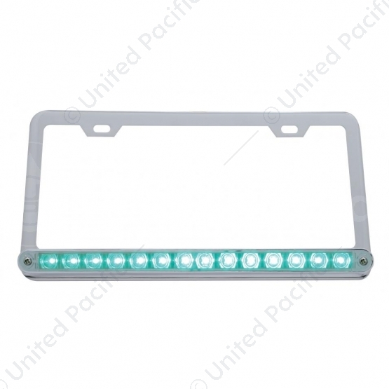 Chrome License Plate Frame With 14 LED 12" Light Bar - Green LED/Clear Lens