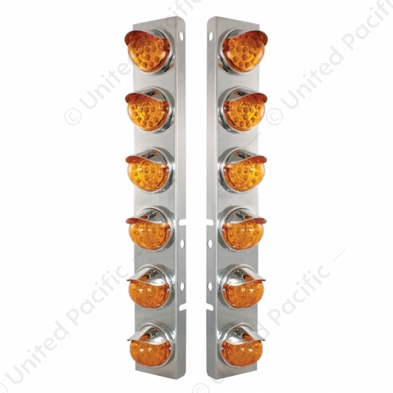 SS Front Air Cleaner Bracket With 12X 17 Amber LED Reflector Lights & SS Visors For Peterbilt-Amber
