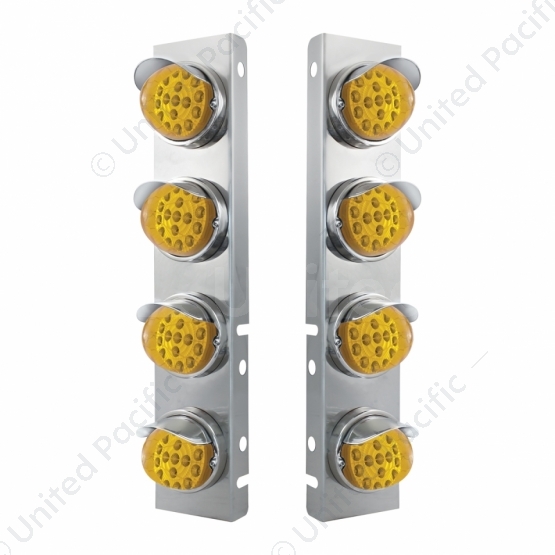 SS Front Air Cleaner Bracket With 8X 17 Amber LED Reflector Lights & SS Visors For Peterbilt-Amber L