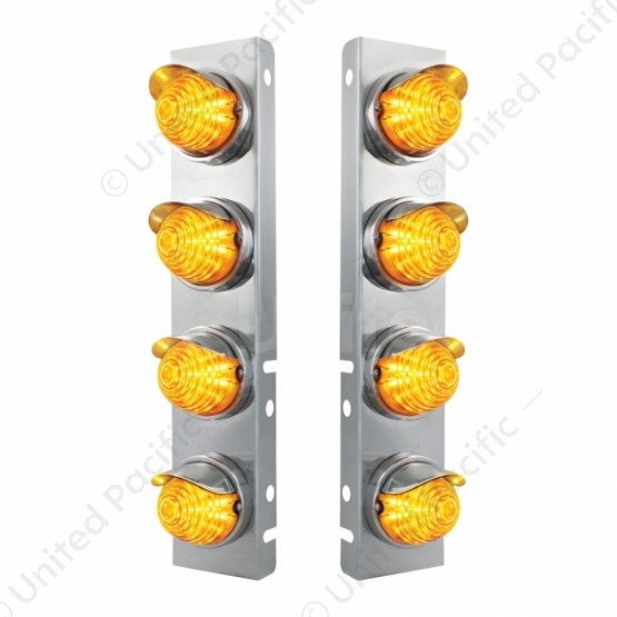 SS Front Air Cleaner Bracket With 8X 17 Amber LED Beehive Lights & SS Visors For Peterbilt -Amber Le