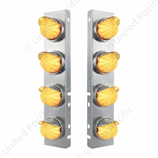 SS Front Air Cleaner Bracket With 8X 17 Amber LED Beehive Lights & SS Visors For Peterbilt -Clear Le