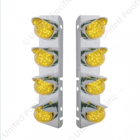 SS Front Air Cleaner Bracket With 8X 17 Amber LED Watermelon Lights & SS Visors For Peterbilt-Amber