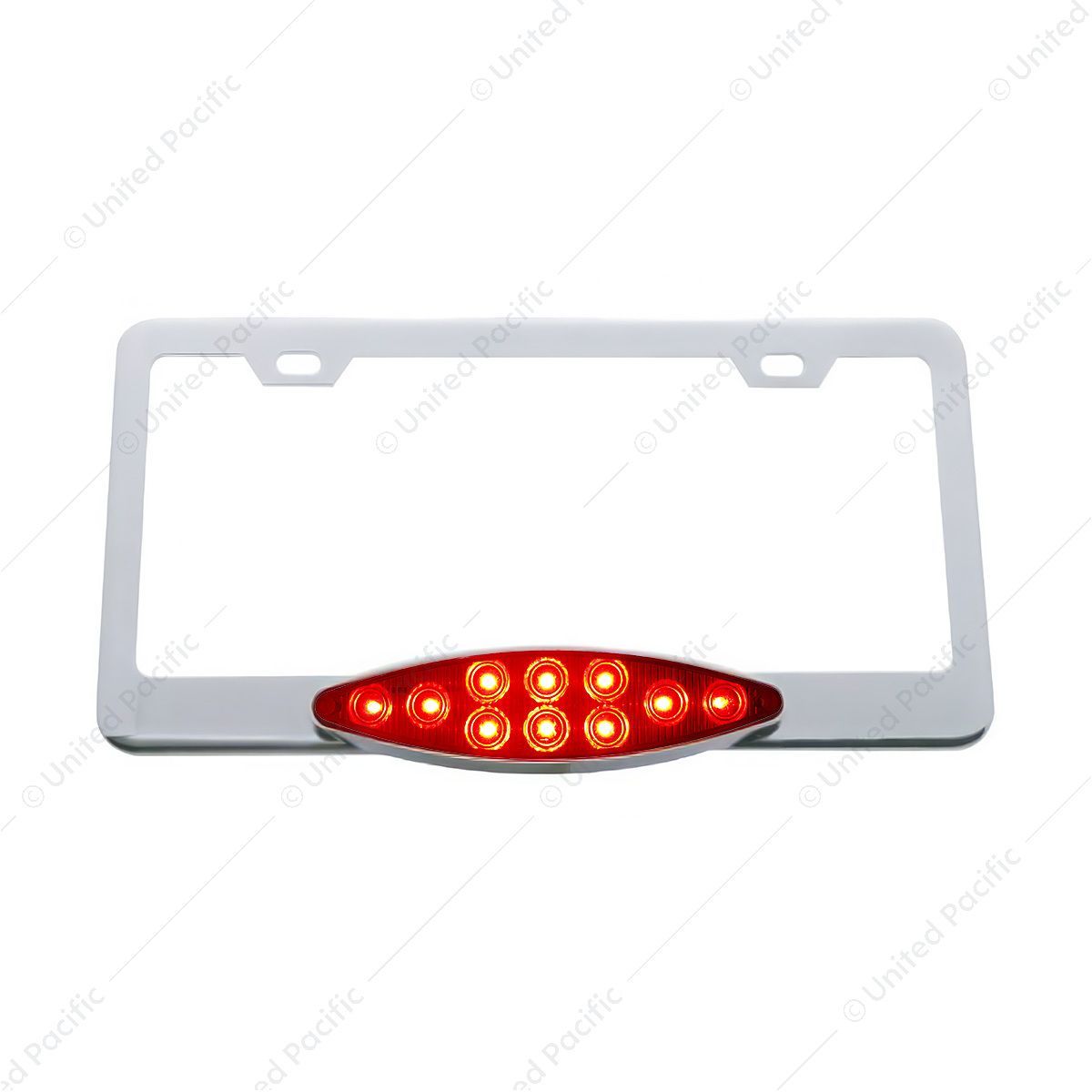 Chrome License Plate Frame With 10 LED Cats Eye Light - Red LED/Red Lens