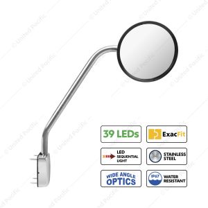 SS Hood Mirror Assembly W/ Sequential LED Turn Signal For 2013-2021 Kenworth T680 & Peterbilt 579