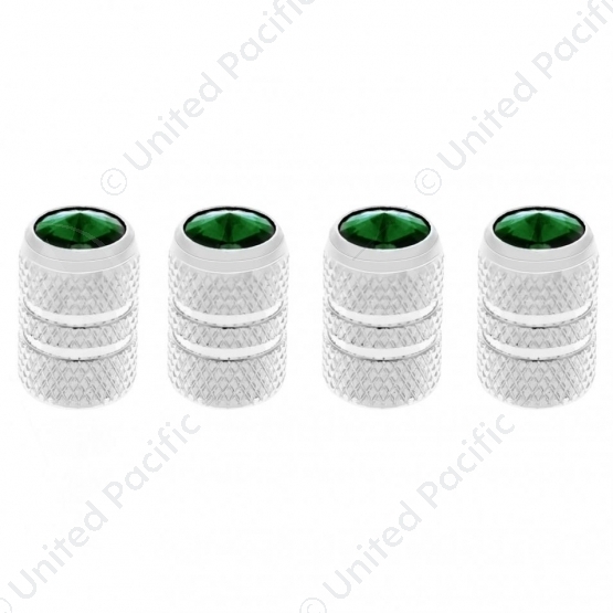Chrome Tubular Valve Caps With Green Crystal (Set of 4)