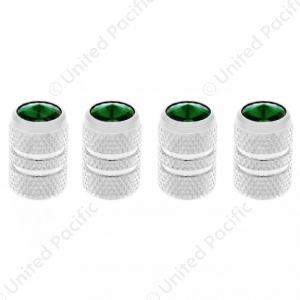 Chrome Tubular Valve Caps With Green Crystal (Set of 4)