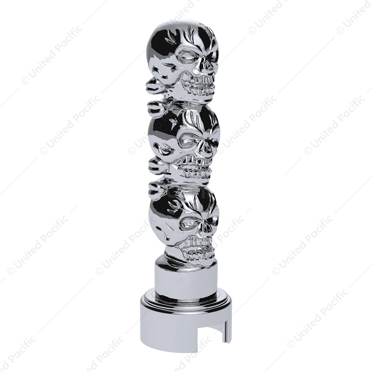 Thread-On 3-Skull Gearshift Knob With Adapter For Eaton-Fuller 13/15/18 Speed Shifter- Chrome