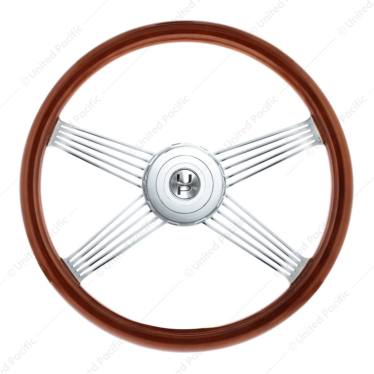 18" Chrome 4 Spoke With Wire Cutout Steering Wheel With Horn Bezel & Button-Wood Grain