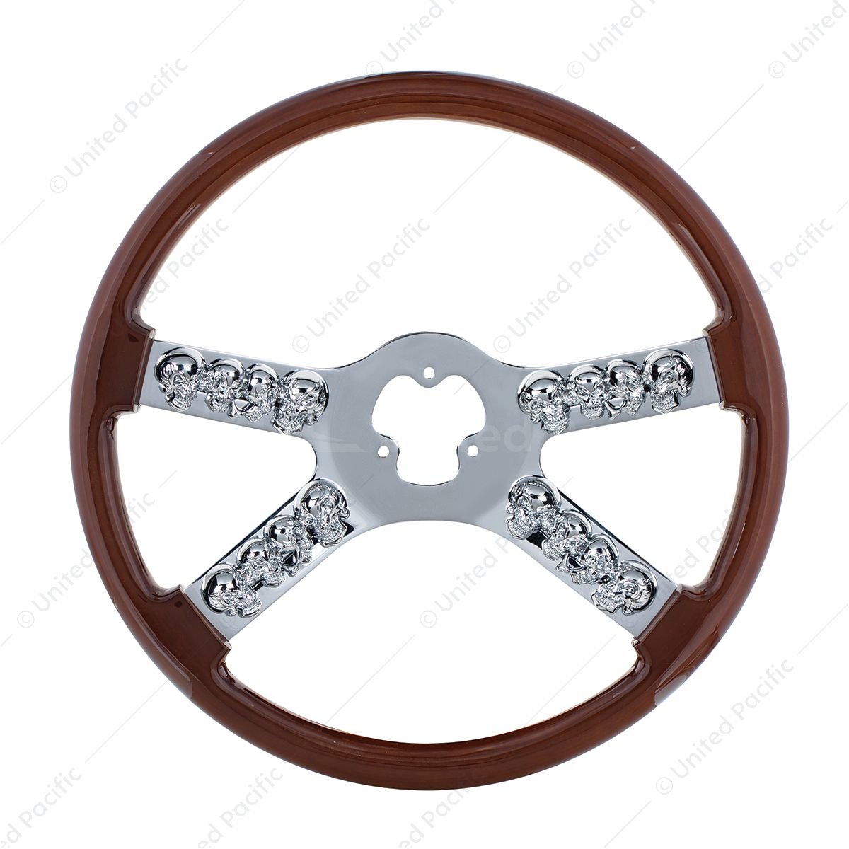 18" Chrome Steering Wheel With Skull Accent - Wood