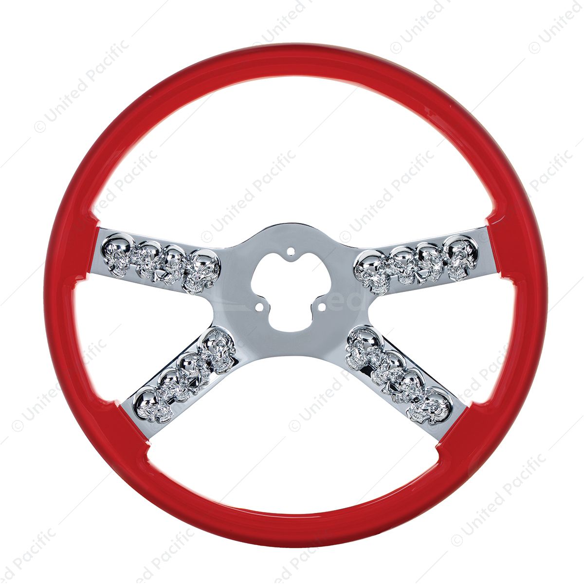18" Chrome Steering Wheel With Skull Accent - Red