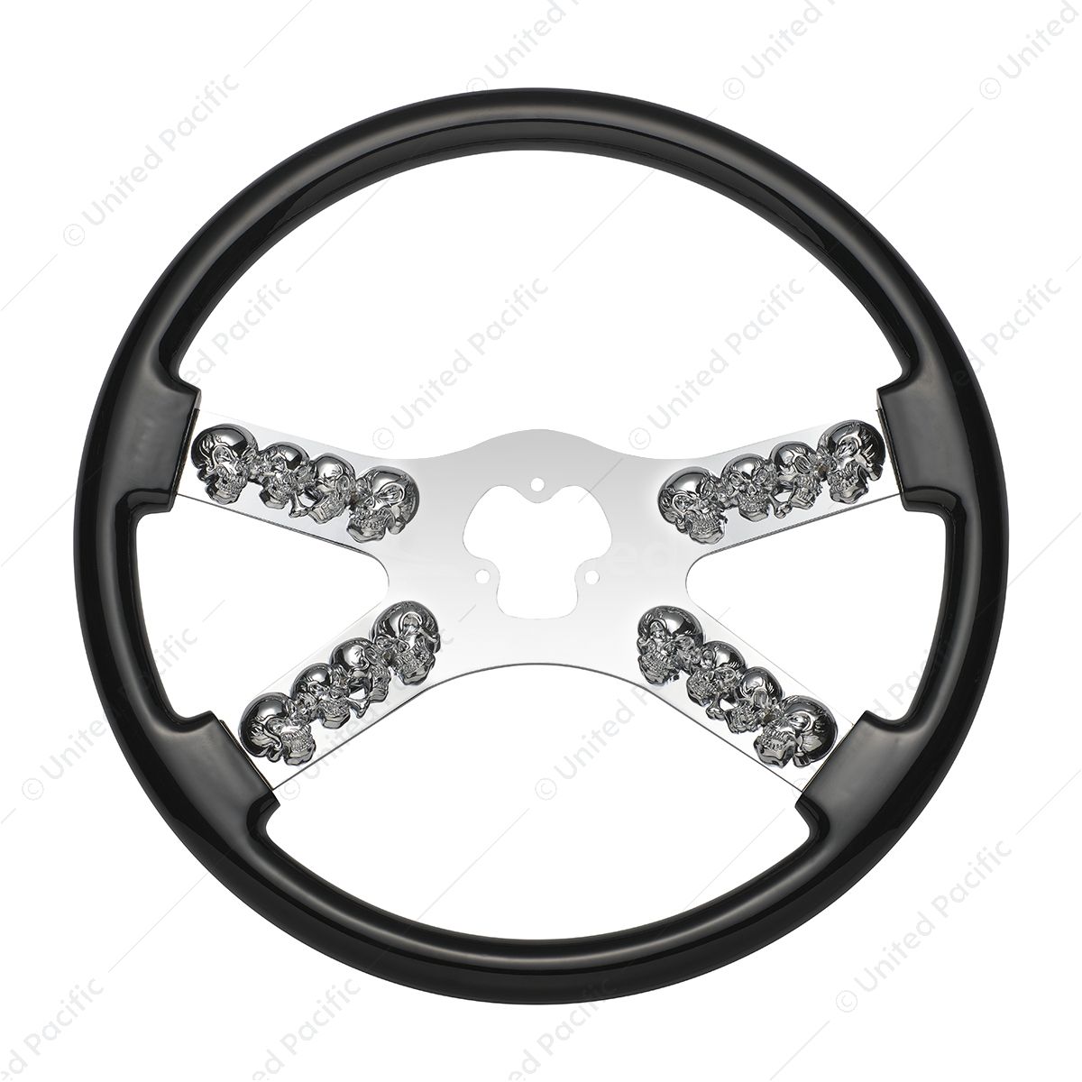 18" Chrome Steering Wheel With Skull Accent - Black