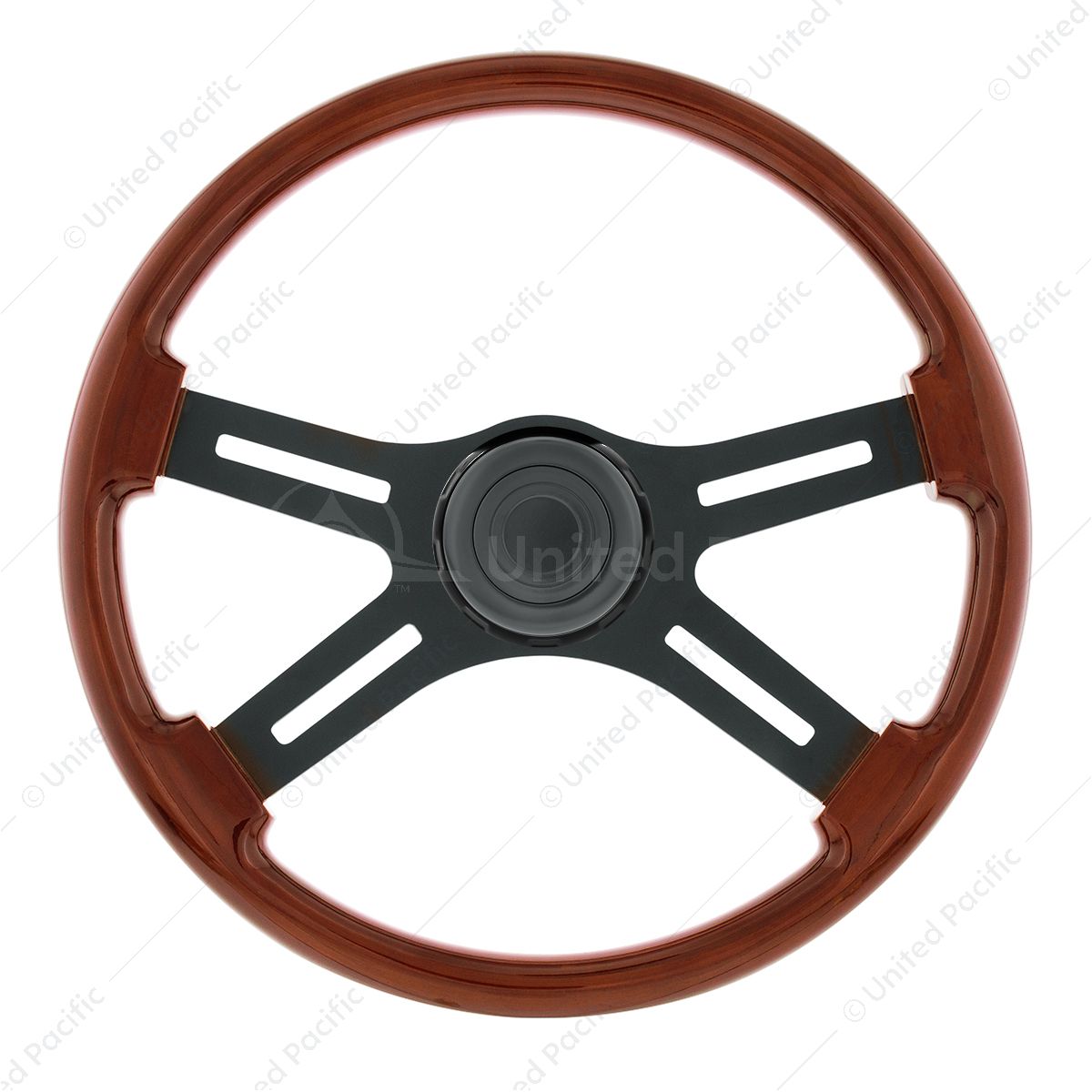 18" Matte Black 4 Spoke Steering Wheel With Horn Bezel & Button-Wood Grain