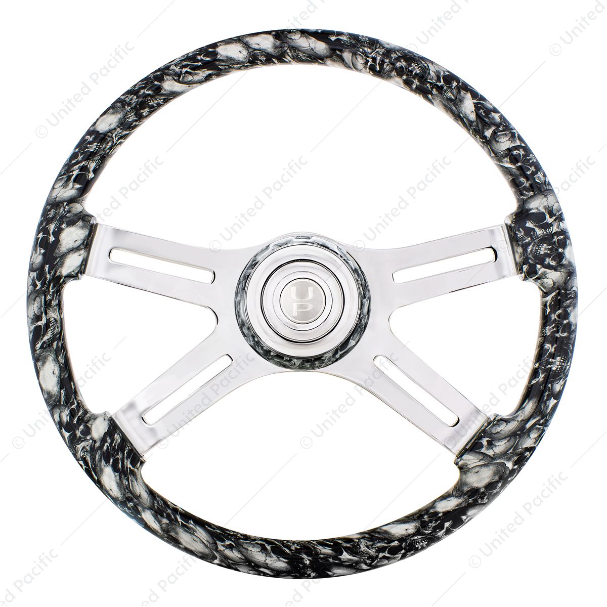 18" 4 Spoke Skull Steering Wheel With Matching Skull Horn Bezel - White